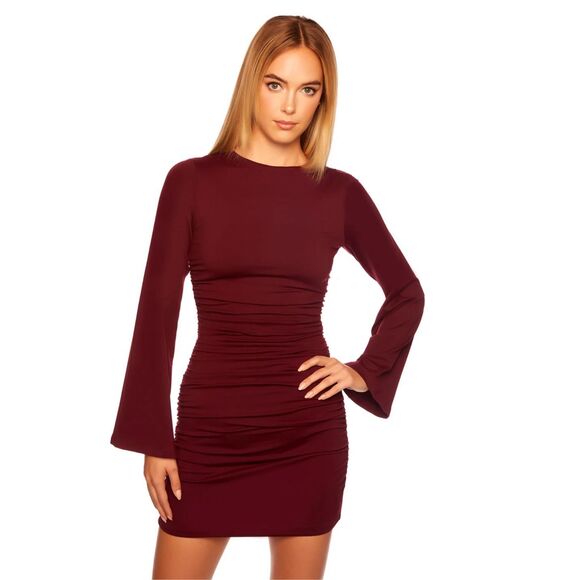 Susana Monaco Gathered Crew Flare Long Sleeve Dress in Port Size S